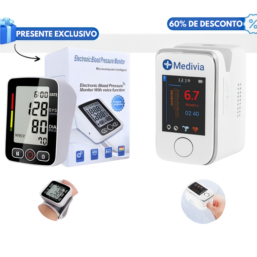 KIT PROMOCIONAL: Medidor de glicose no sangue multifuncional + Tensiómetro eletrónico - OFERTA LIMITADA!