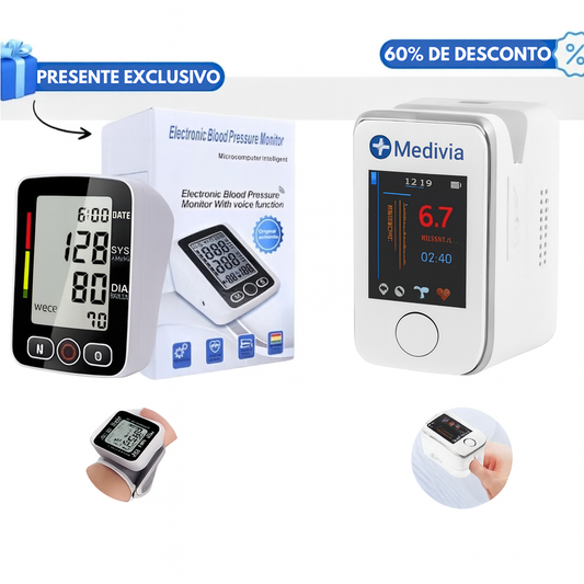 KIT PROMOCIONAL: Medidor de glicose no sangue multifuncional + Tensiómetro eletrónico - OFERTA LIMITADA!